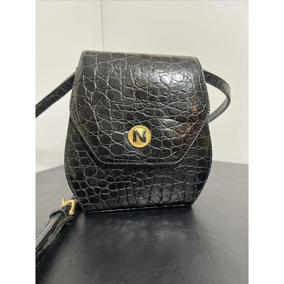 Vintage Albert Nipon Embossed Leather Crossbody Bag Black 7” x 6” - Picture 2 of 16